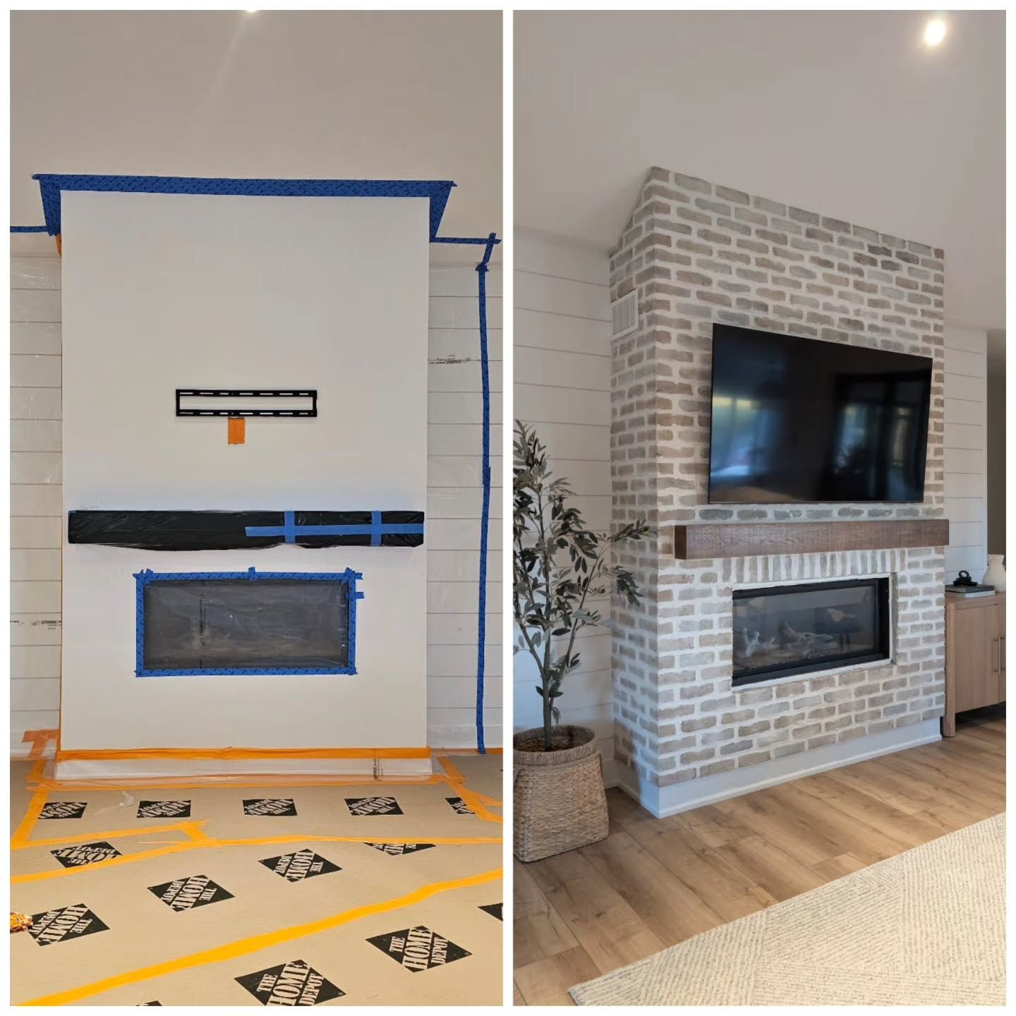 Before and after of a fireplace wall, from a taped-out wall to a light brick surround with a wood mantel